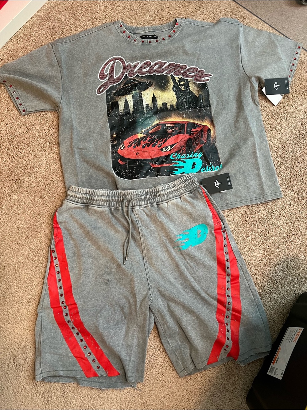 Copper Rivet  Dreamer Grey short set  - Grey with Red Accents